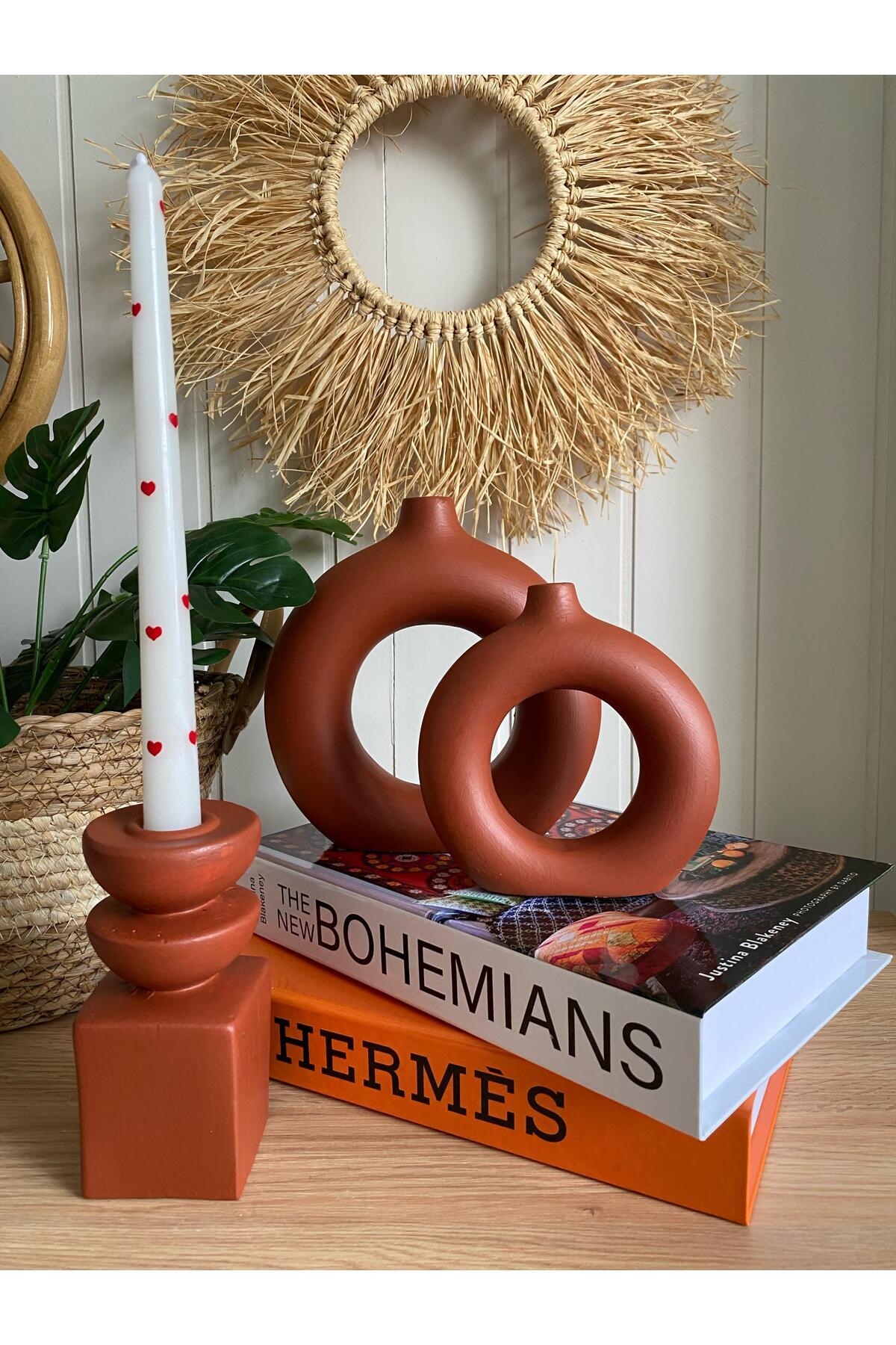 3’lü Bohem Vazo & Mumluk Seti | Halka ve Uzun Tasarım