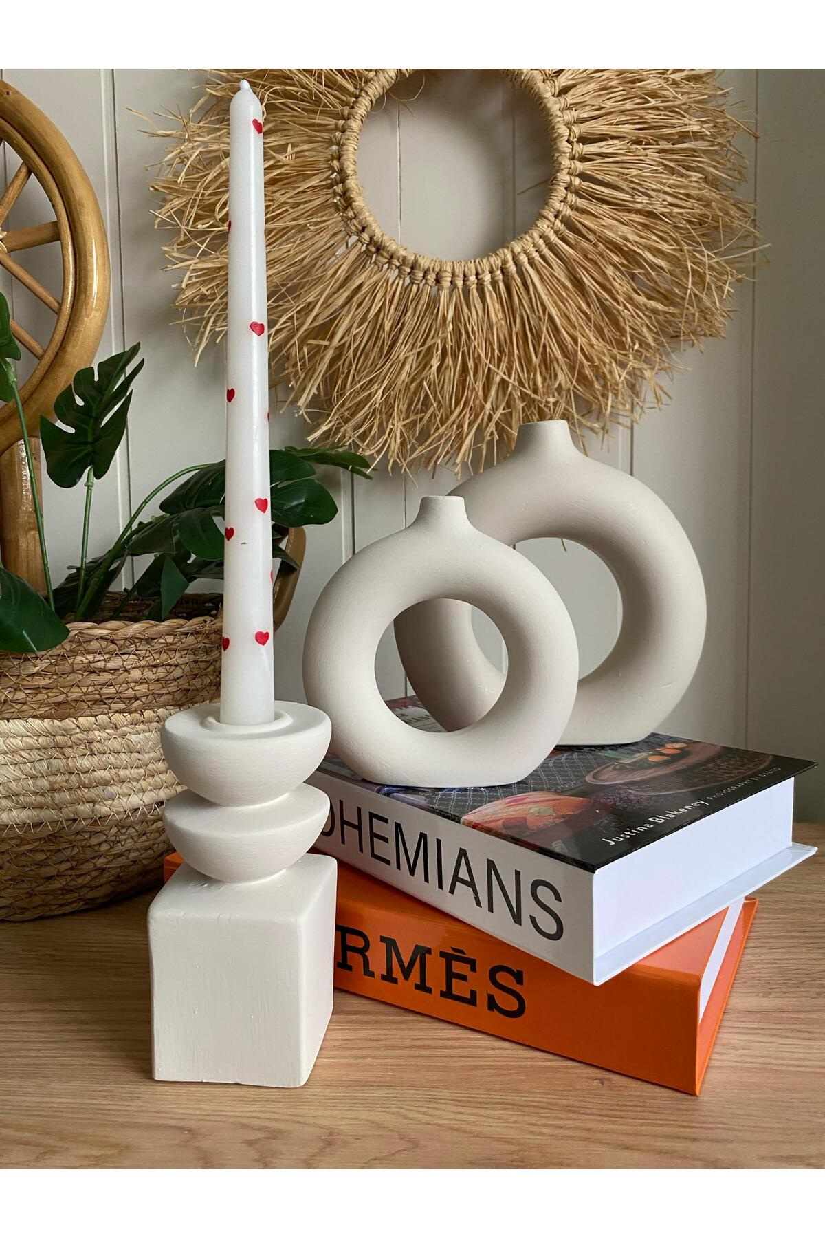 Modern bohem tarzda 2 halka vazo ve 1 uzun mumluktan oluşan dekoratif 3’lü set